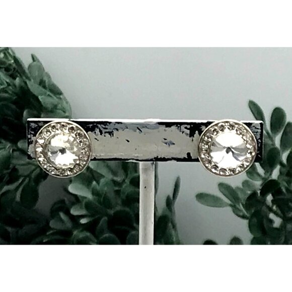 Silver -Tone Round Crystal Rhinestone Stud Earrings - Picture 1 of 5